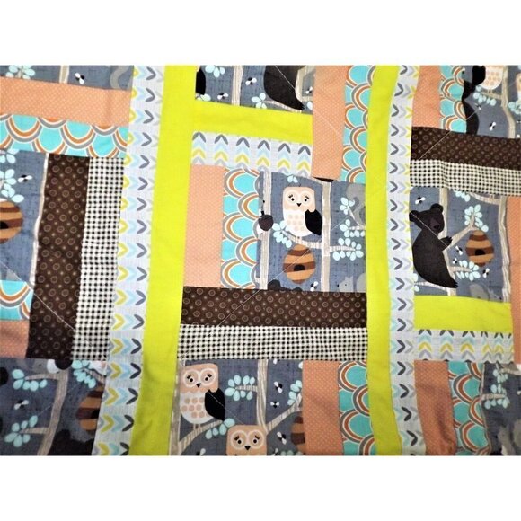 Baby quilt "Honey Bears in Trees" forest animals owls bears squirrels bees 40X50 - Picture 7 of 7